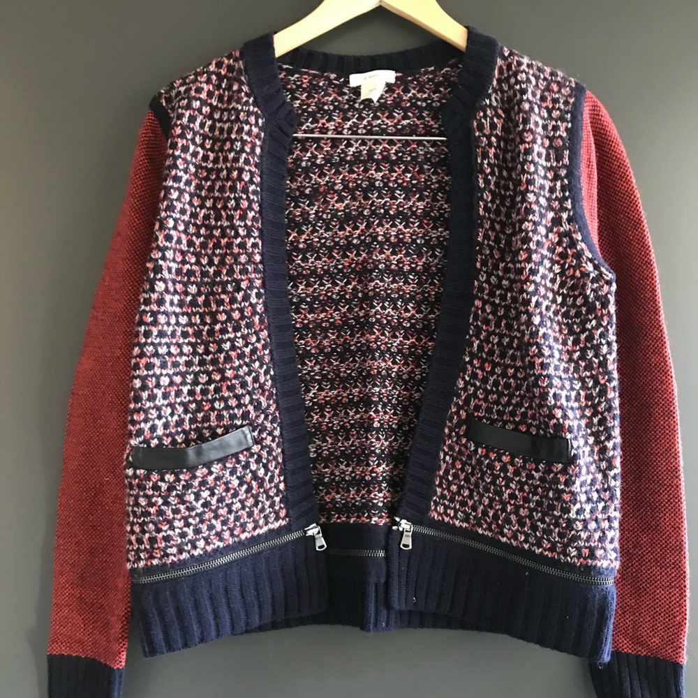 Club Monaco navy / red cardigan. With zipper detail.